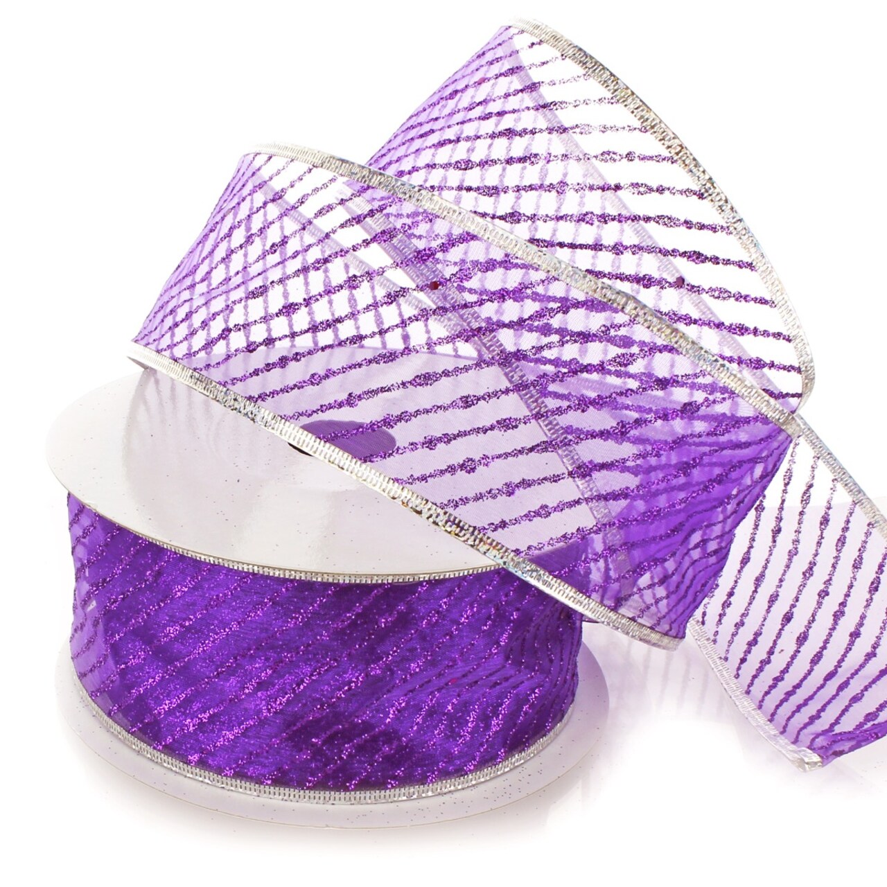 2 1/2" Wired Ribbon Metallic Banded Edge Sheer Diagonal Stripes Purple/Silver - 10 Yards